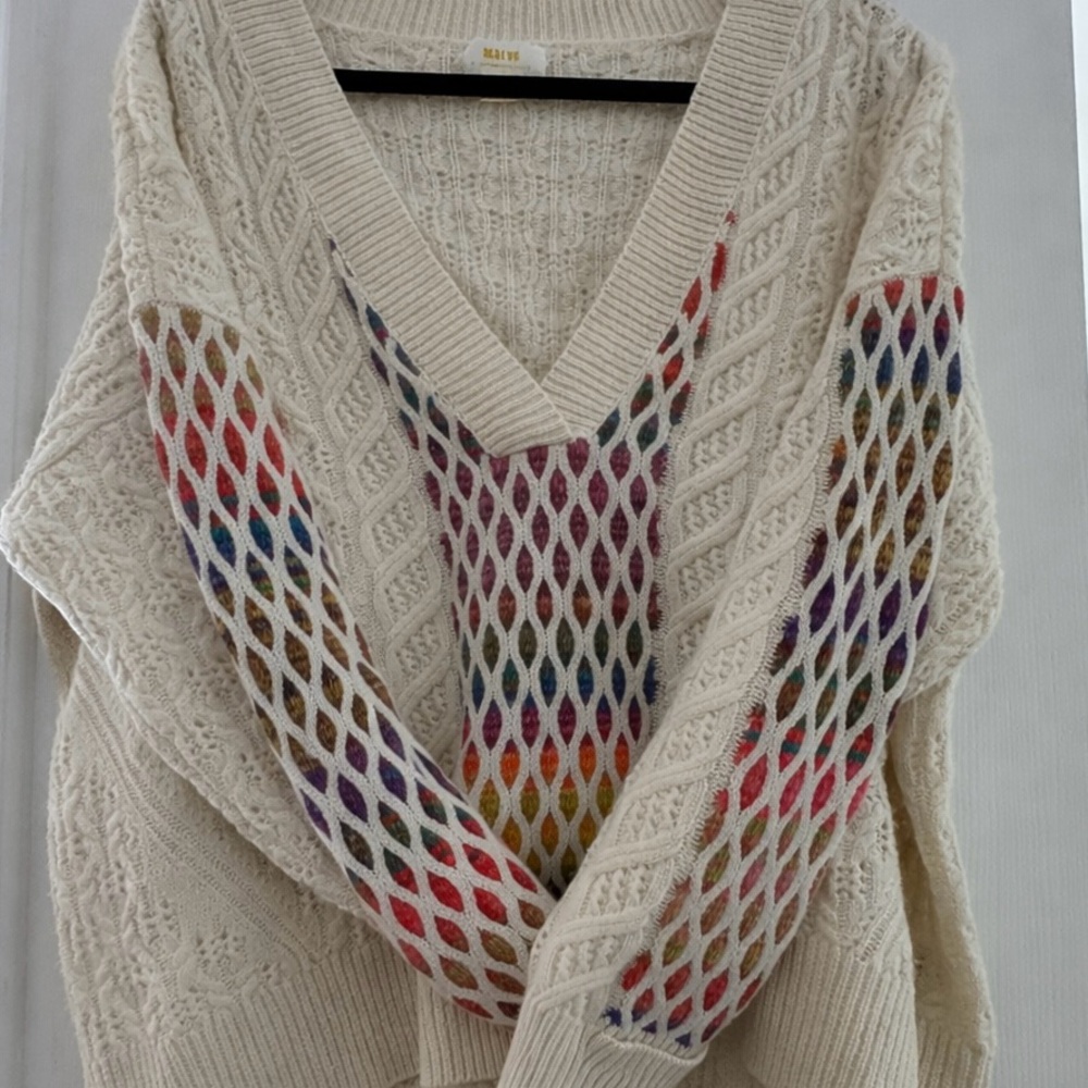 Maeve Cream V-Neck Sweater with Multicolor Accents